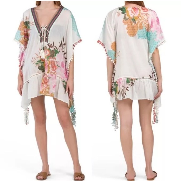 Z&L Other - Z&L Floral Print Pom Poms cotton tassel drop waist lace up OS Kaftan Cover-Up